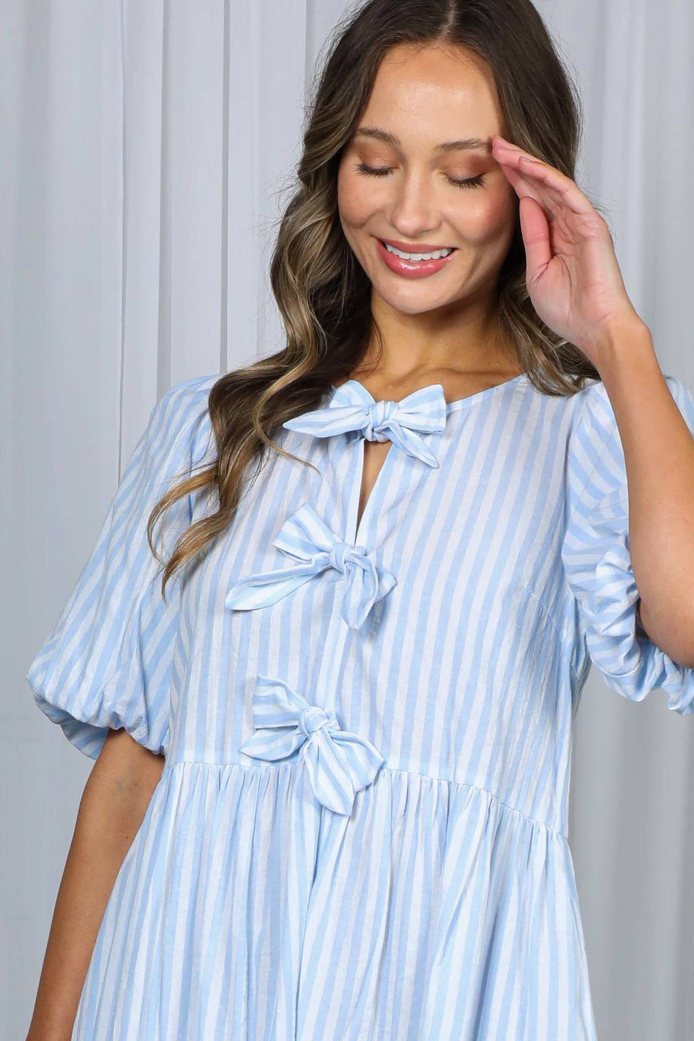 1/3 Open Tie Front Striped Puff Sleeve Blouse Top VT82682: Blue