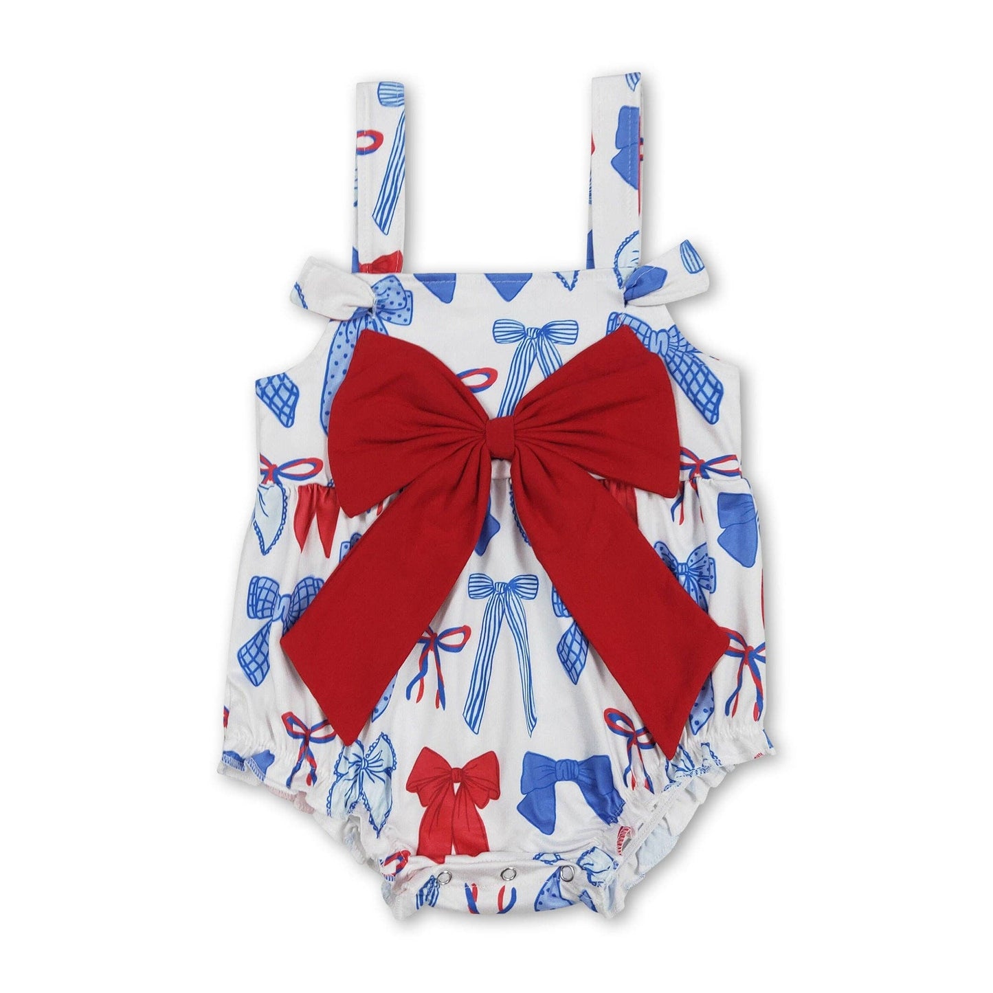 Straps red blue bow baby girls 4th of july romper: Romper