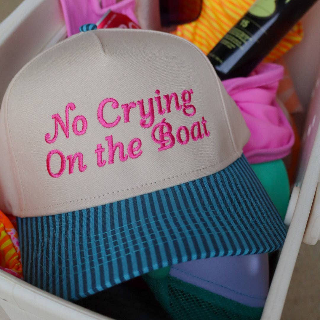 No Crying on the Boat Embroidered Trucker Hat: Blue Stripe/Pink