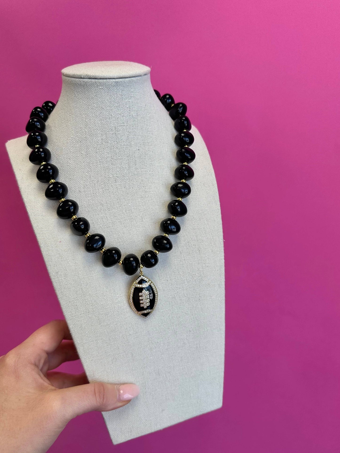 Game Day Football Charm Beaded Necklace - Black