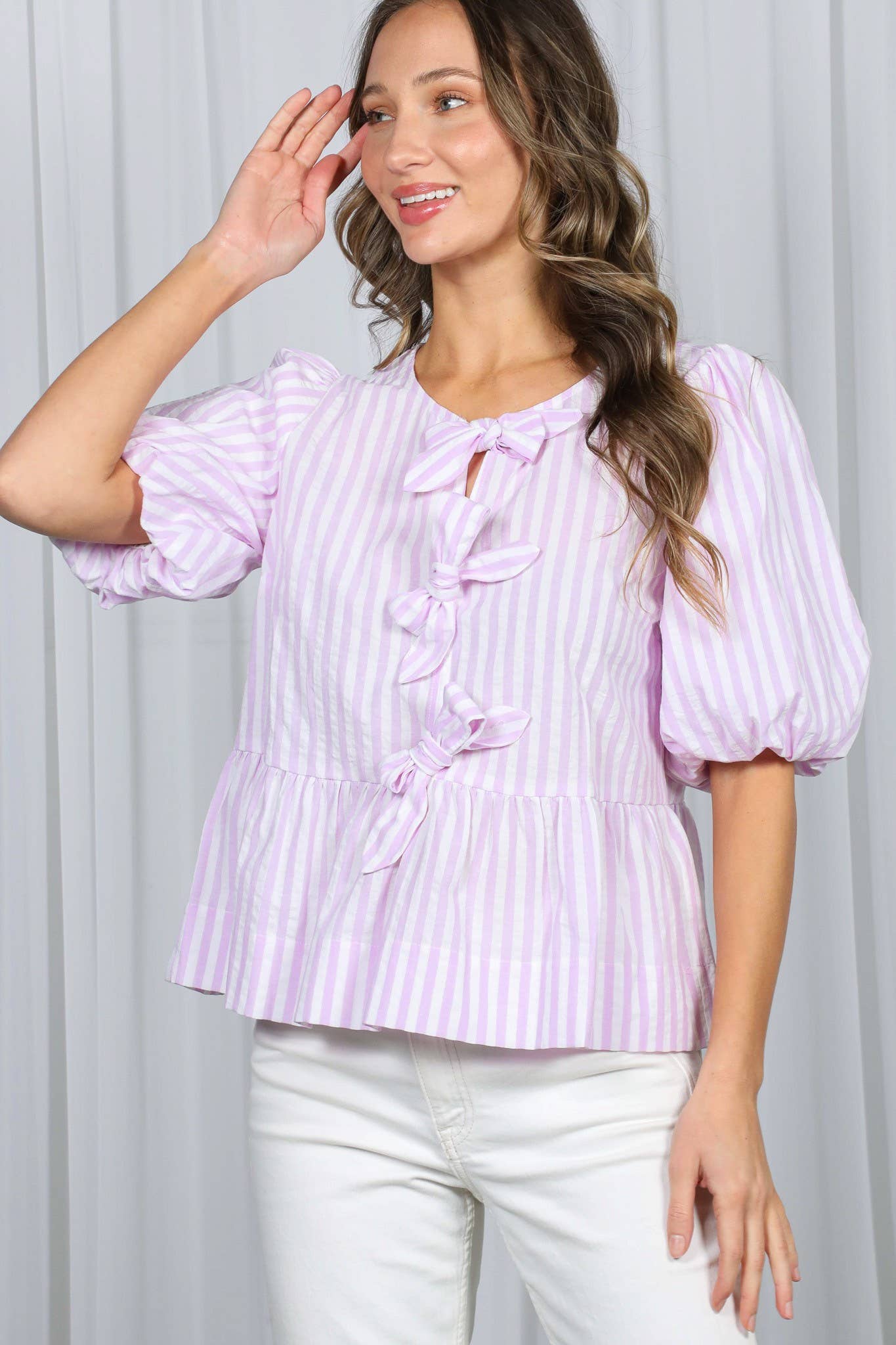 1/3 Open Tie Front Striped Puff Sleeve Blouse Top VT82682: Blue