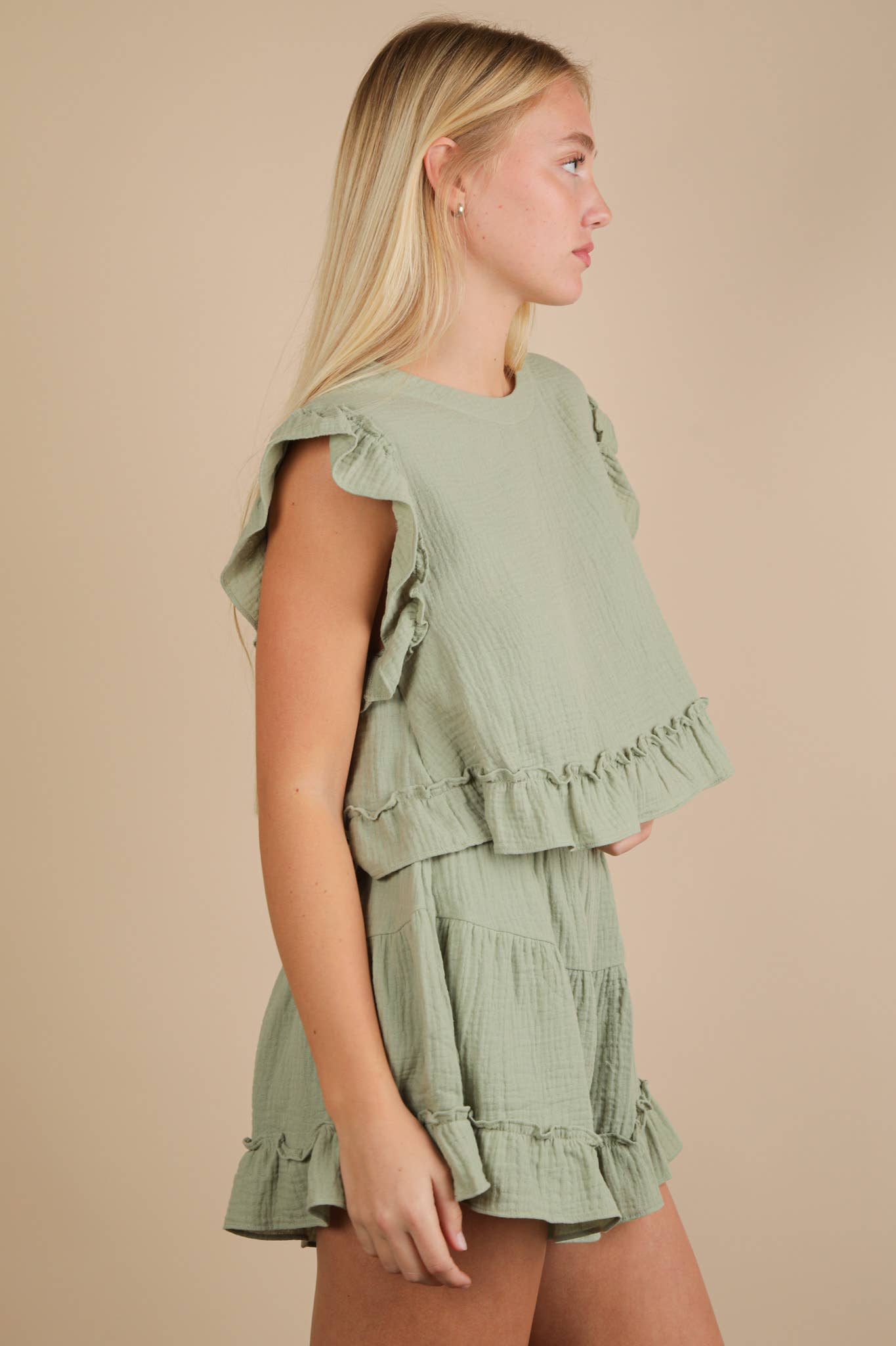 NT12150SET-Ruffled Solid Woven Top & Shorts Set: SAGE