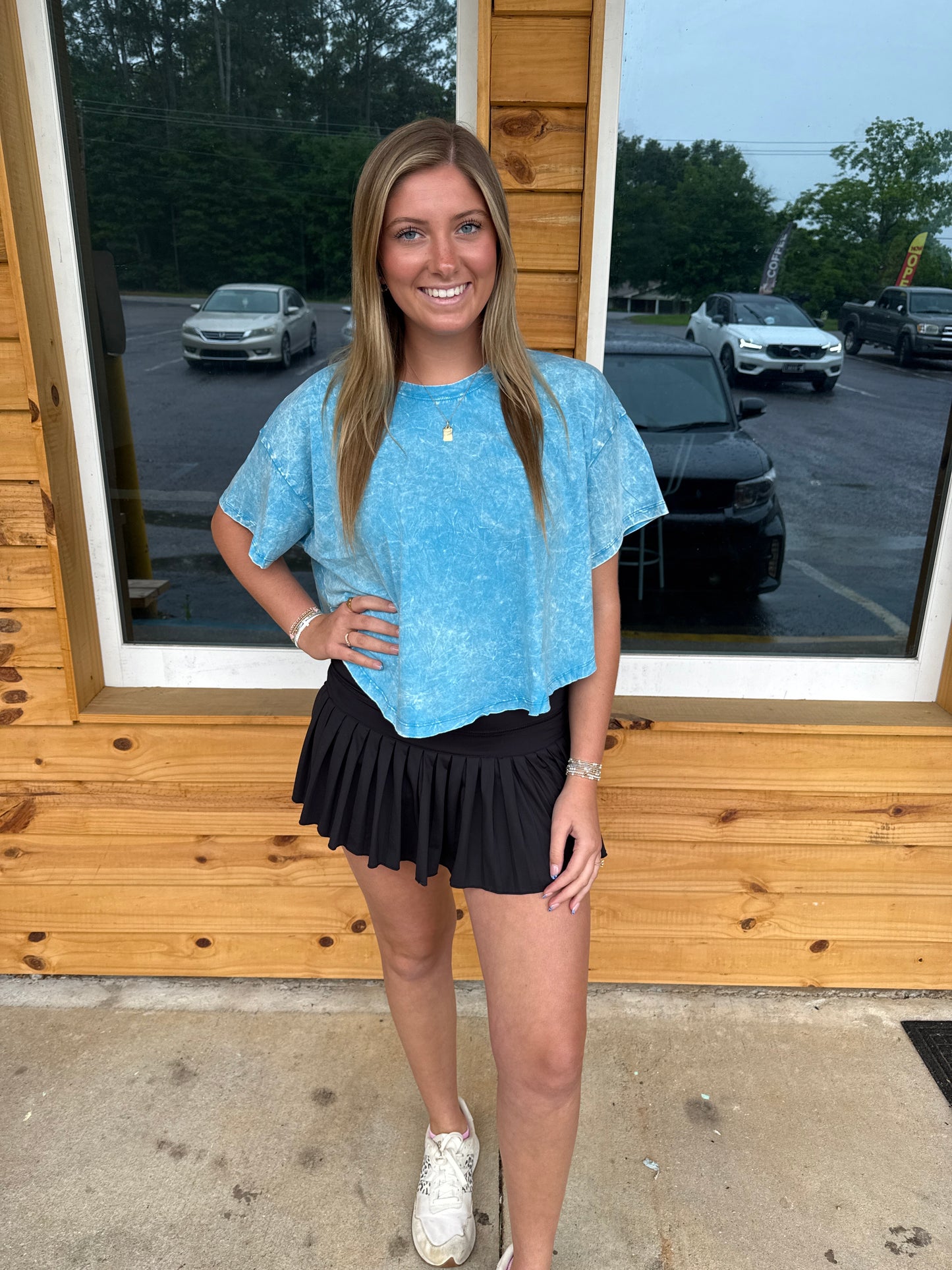 Crinkle Washed Cotton Round Neck Short Sleeve Top - Deep sky - CTW-3353A5