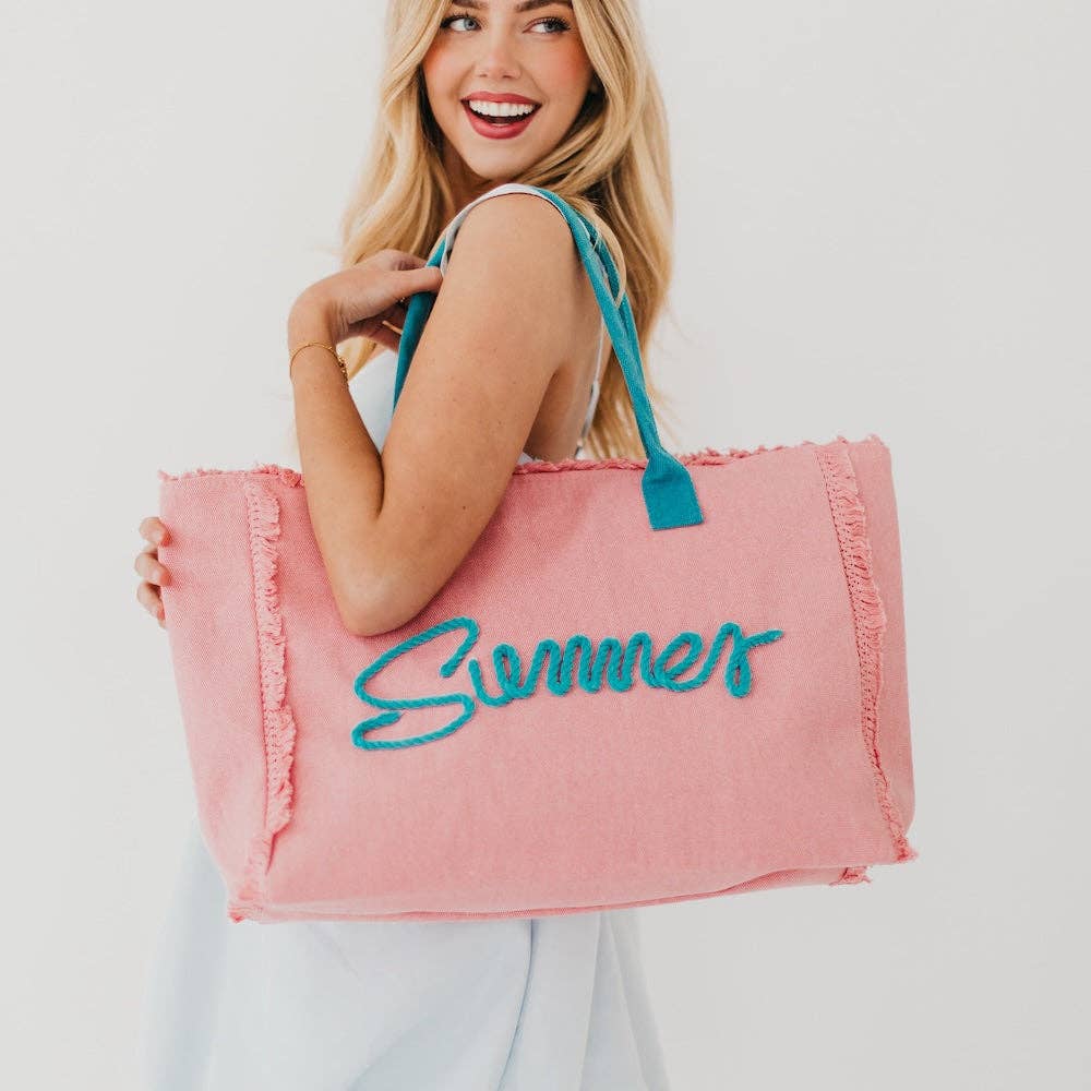 Summer Sunshine Beach Tote Bag: Emerald / Dusty Pink
