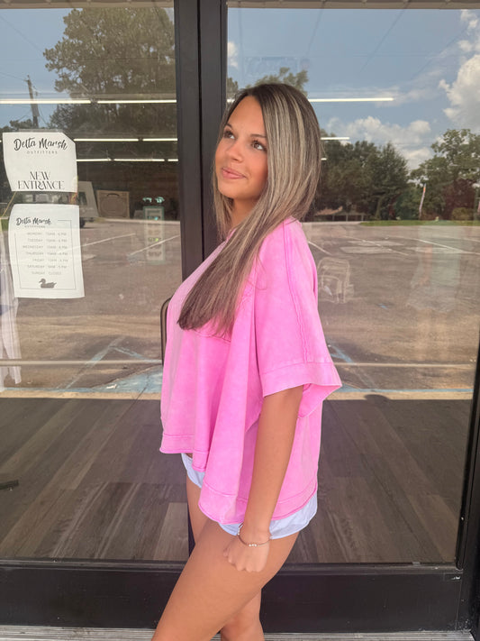 Halo Snow Washed Oversized Crop Box Tee - Pink- CTW- 3390A5