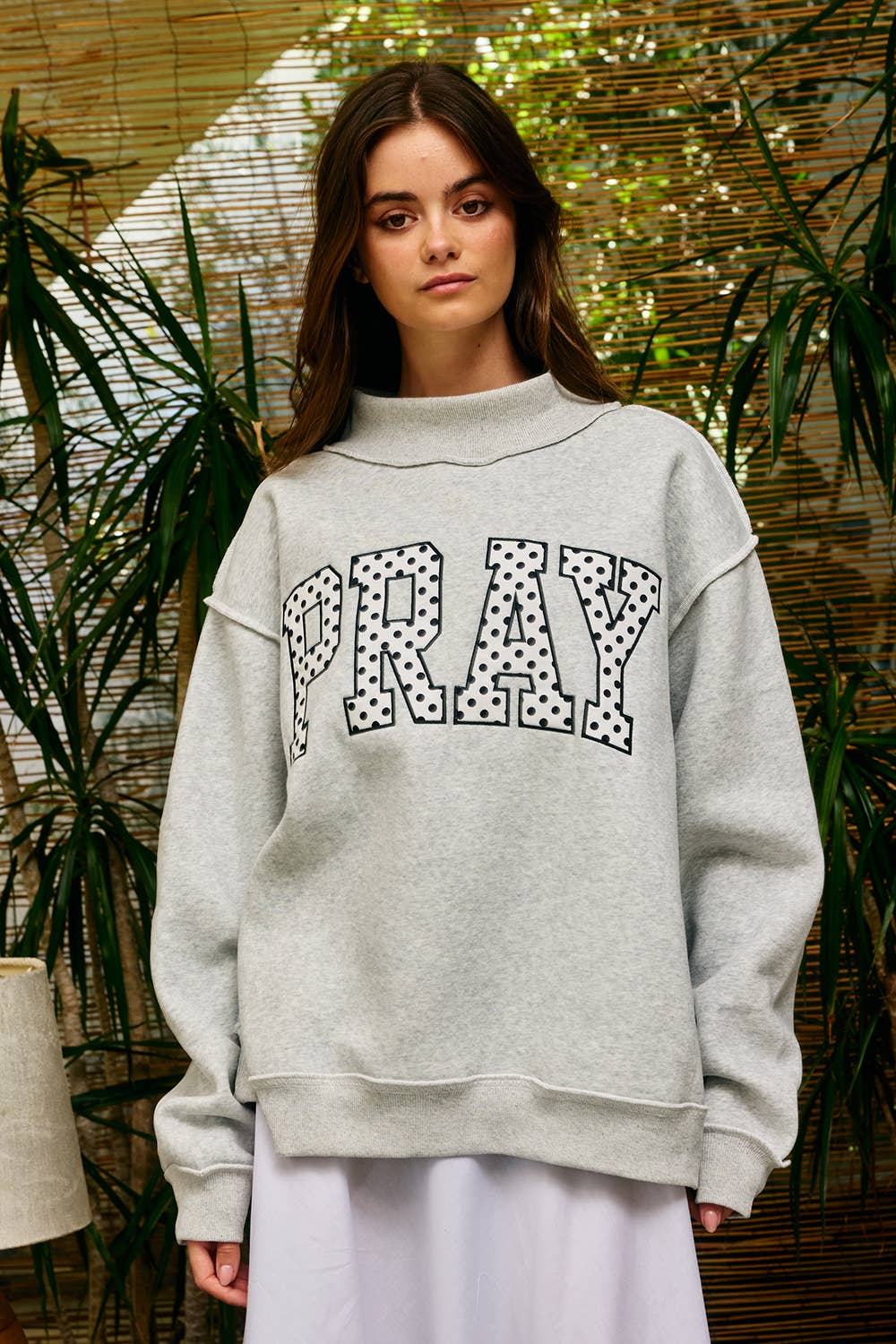 IT2594E-PRAY1 Embroidered "PRAY" Mock Neck Sweatshirt: HEATHER GREY