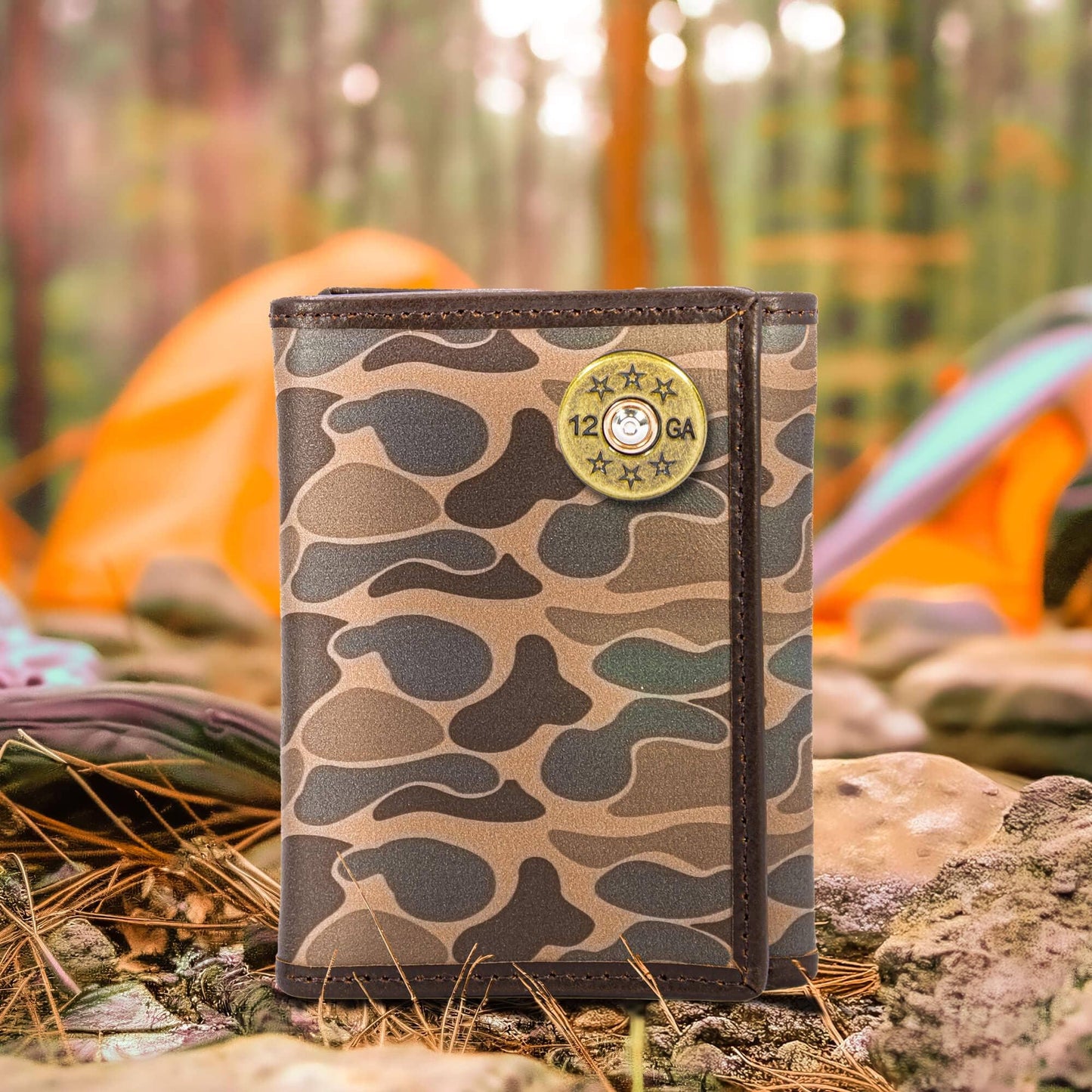 Shotshell Men's Trifold Old School Camo Leather Wallet.: Brown/Tan Camp
