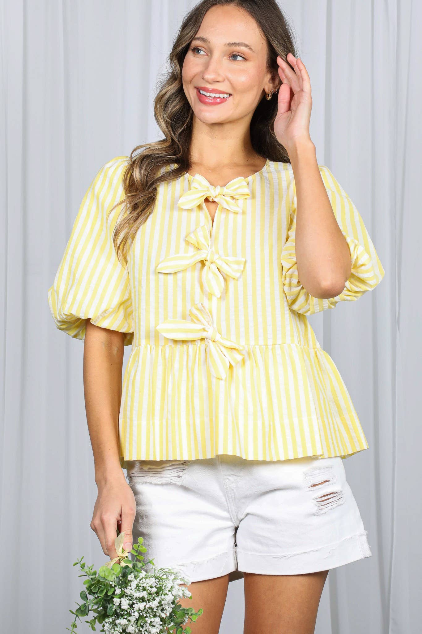 1/3 Open Tie Front Striped Puff Sleeve Blouse Top VT82682: Blue
