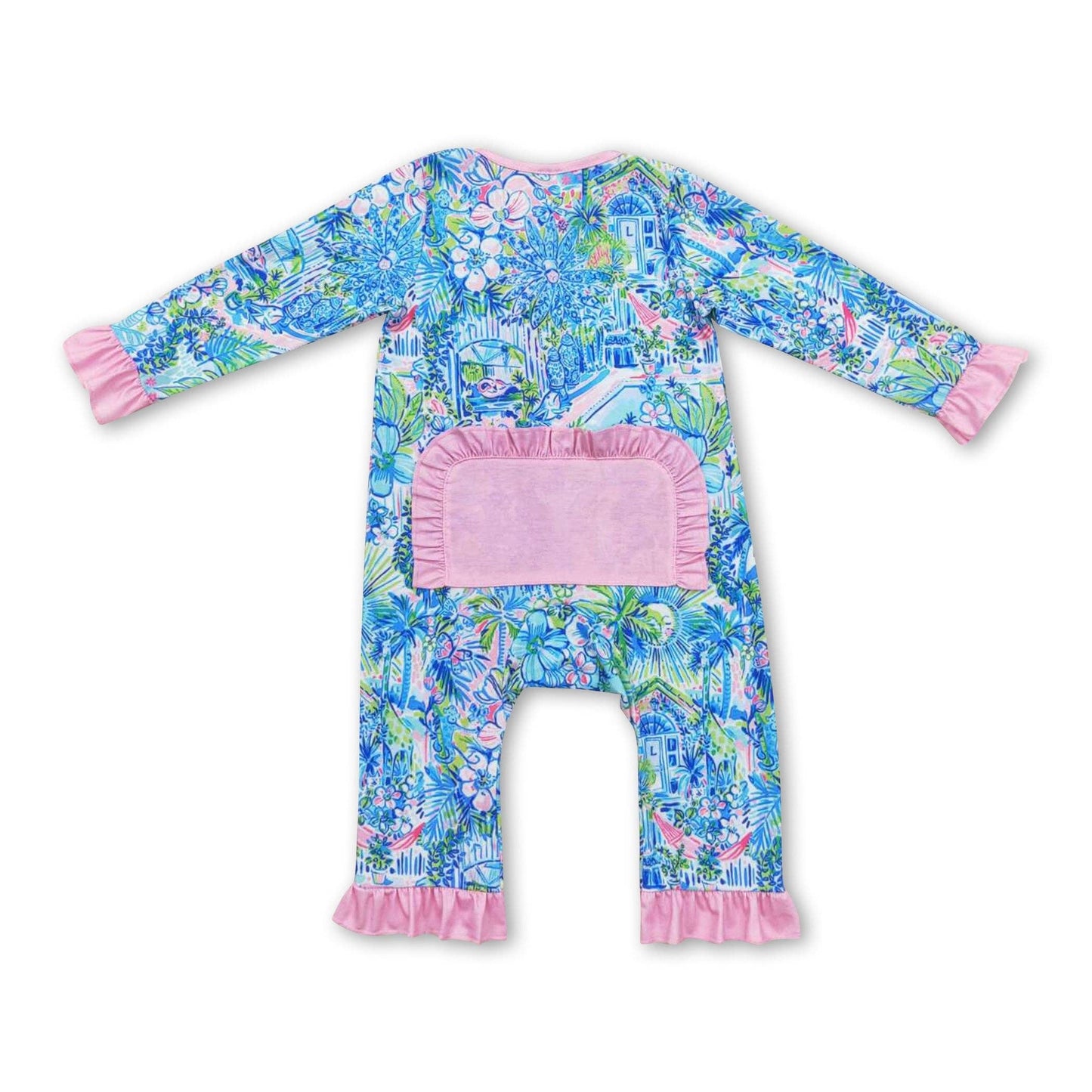 Pink ruffle watercolor blue floral baby girls zipper romper: Romper