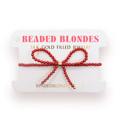 Red Pearl Beaded Bow Bracelet: Standard 6.75 Inch