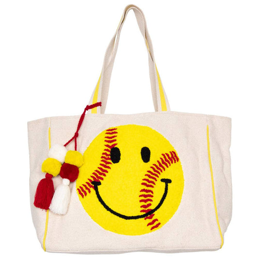 Softball Oversized Happy Face Canvas Tote Bag: Beige Canvas