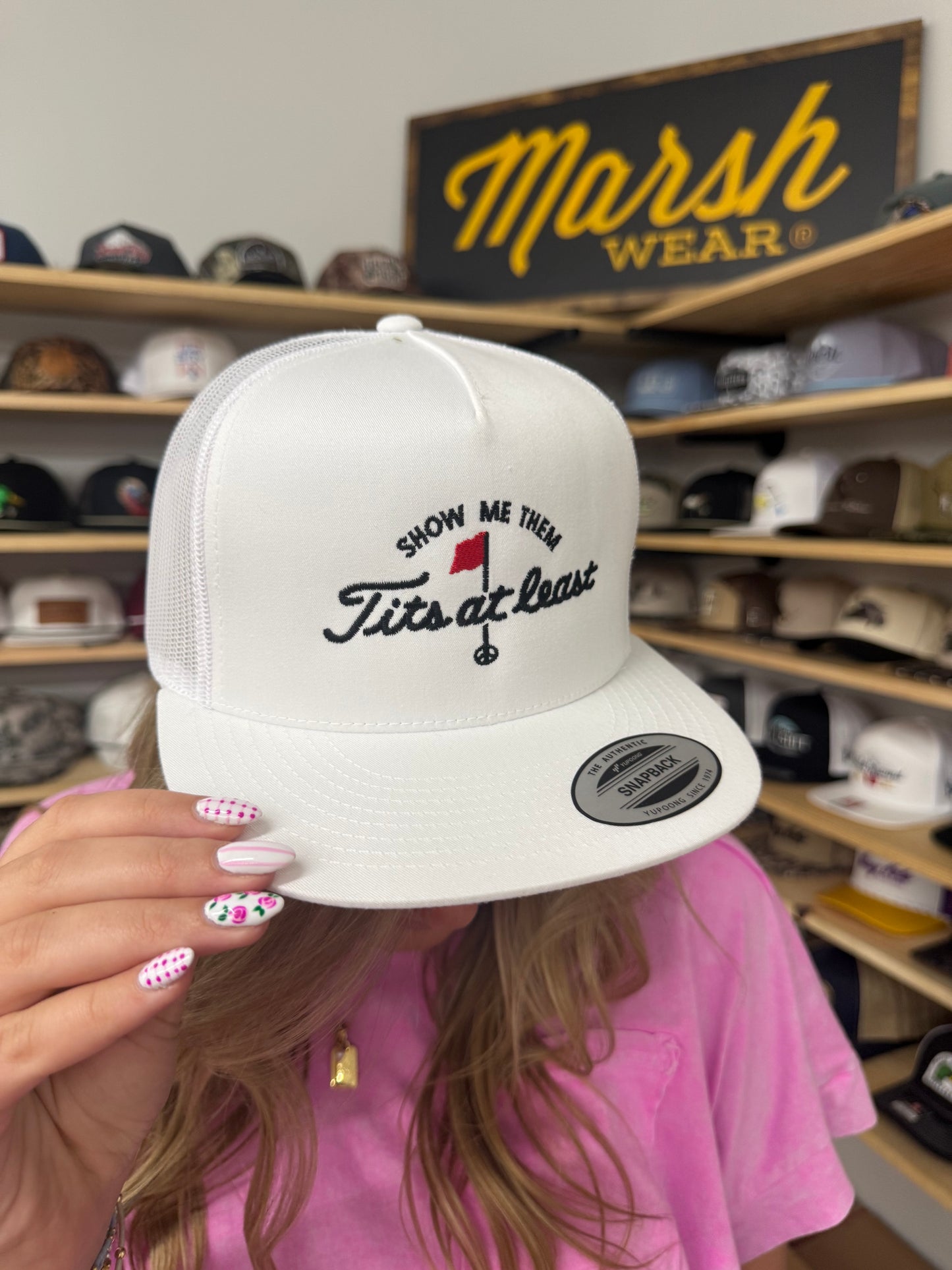 MHC Show Me Them Tits Atleast Trucker Hat: White 6006 Yupoong