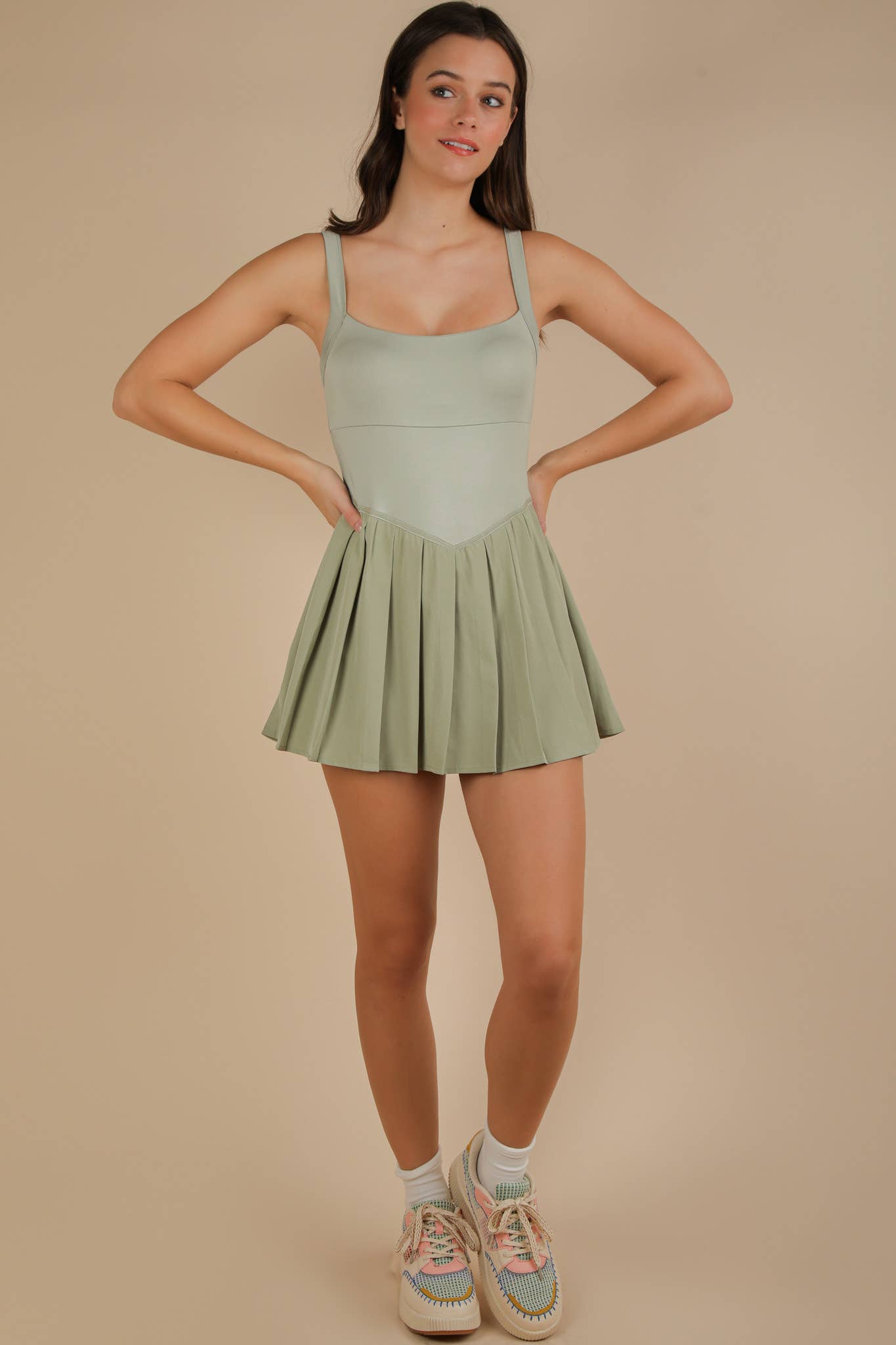 ND31725-Pleated Skirt Activewear Dress W/ Under Shorts: SAGE