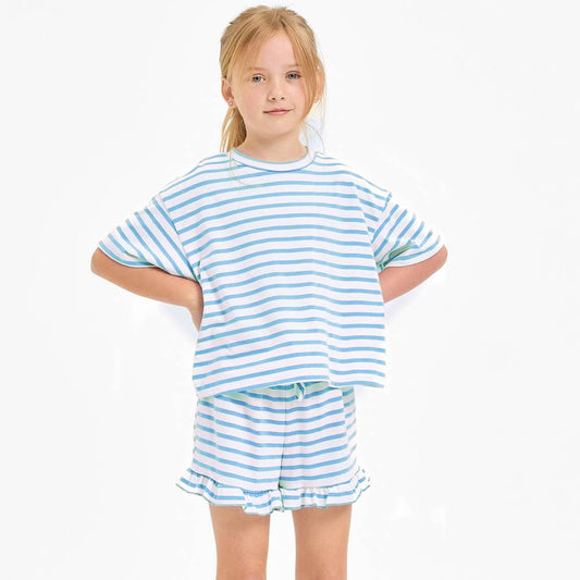 Stripe Crop Top and Ruffle Shorts Set: Light Blue
