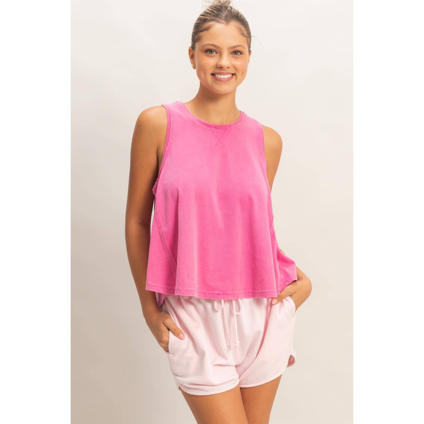 Raw Edge Details Sleeveless Washed Top: FUCHSIA
