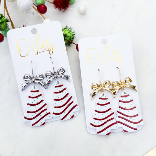 Christmas Tree Cake w/Bow Earrings: Gold