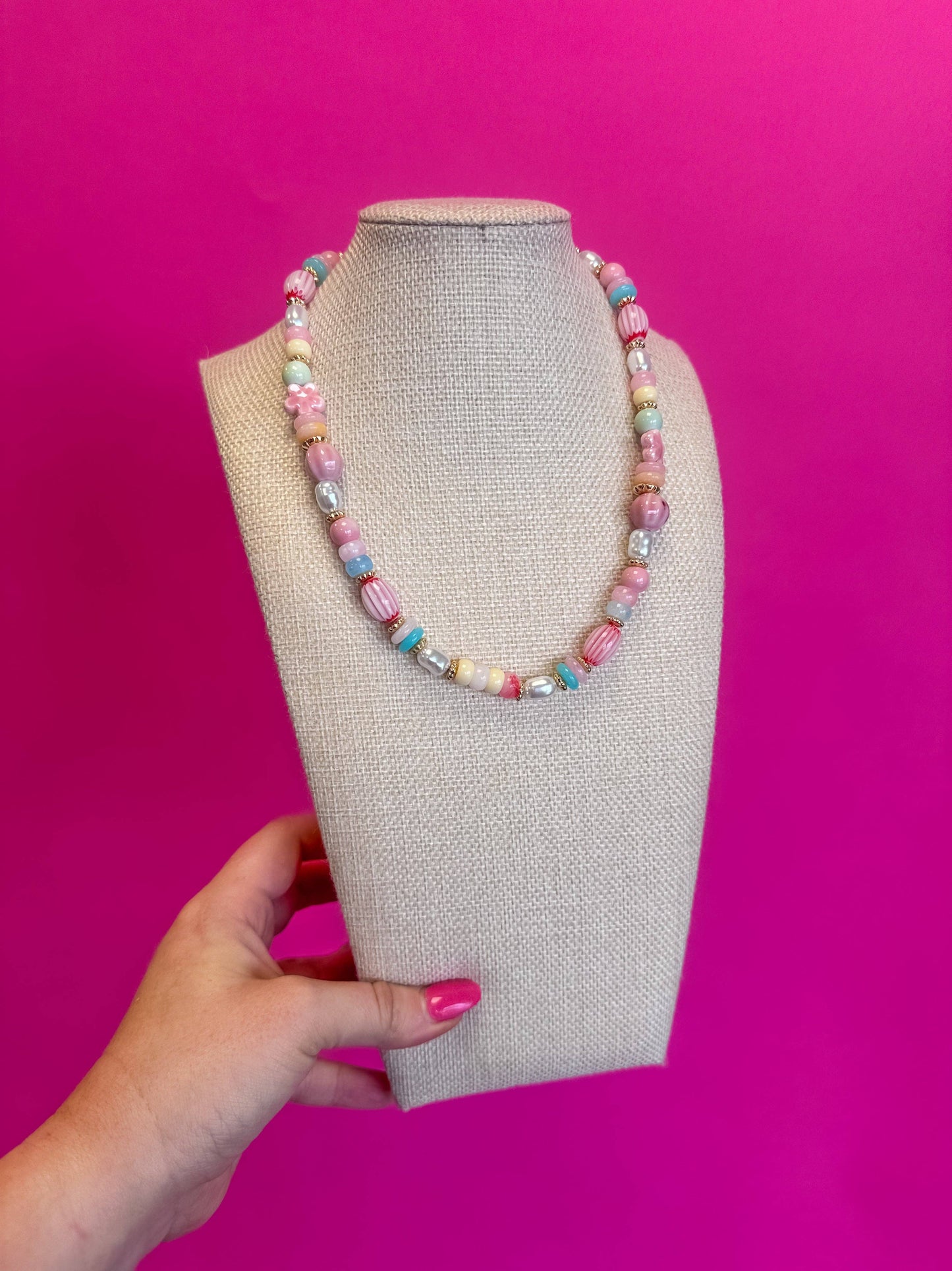 Statement Necklace - Mixed Bead with Ceramic Beads - Pink