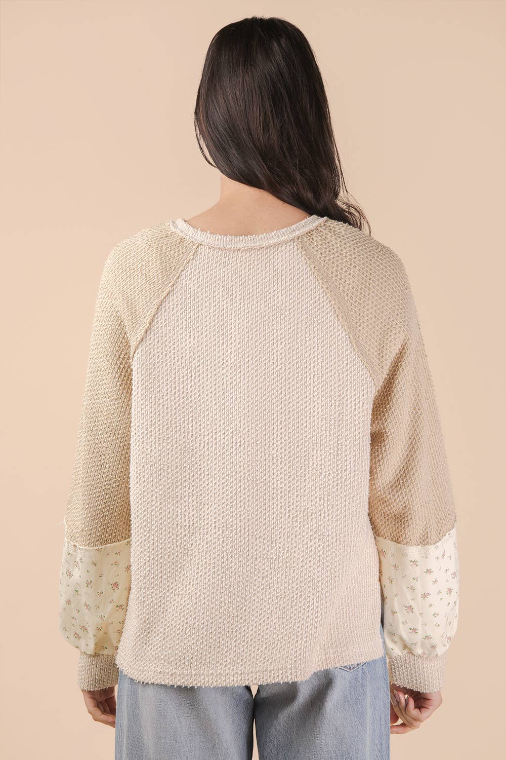 NT12328-Raglan Sleeve Color Block Casual Textured Knit Top: BABY BLUE