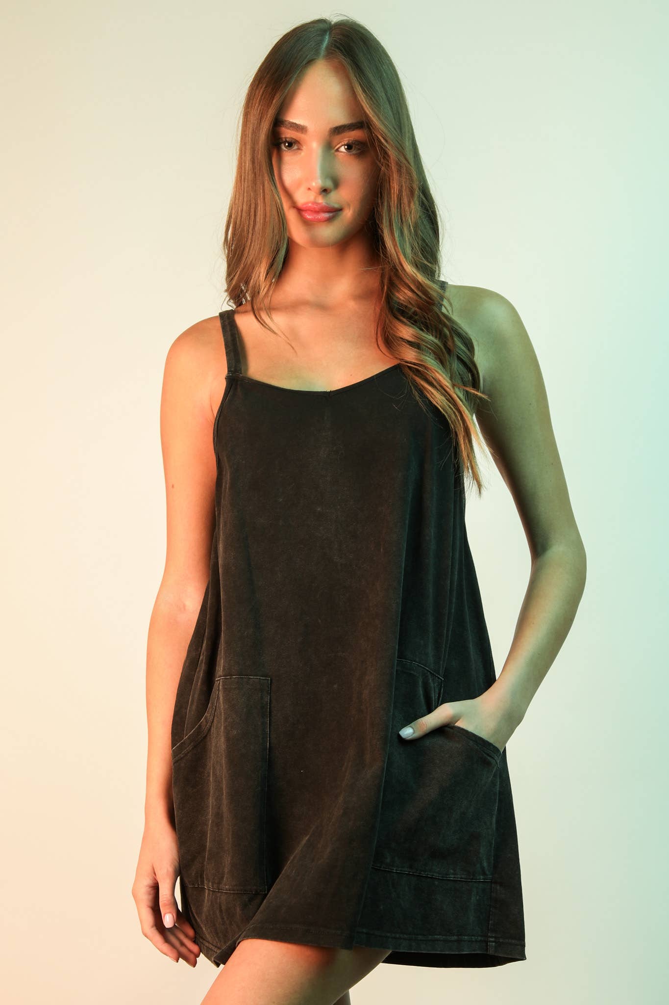 ND31251-Mineral Washed Knit Mini Dress with Shorts Inside : GREEN / S-M-L