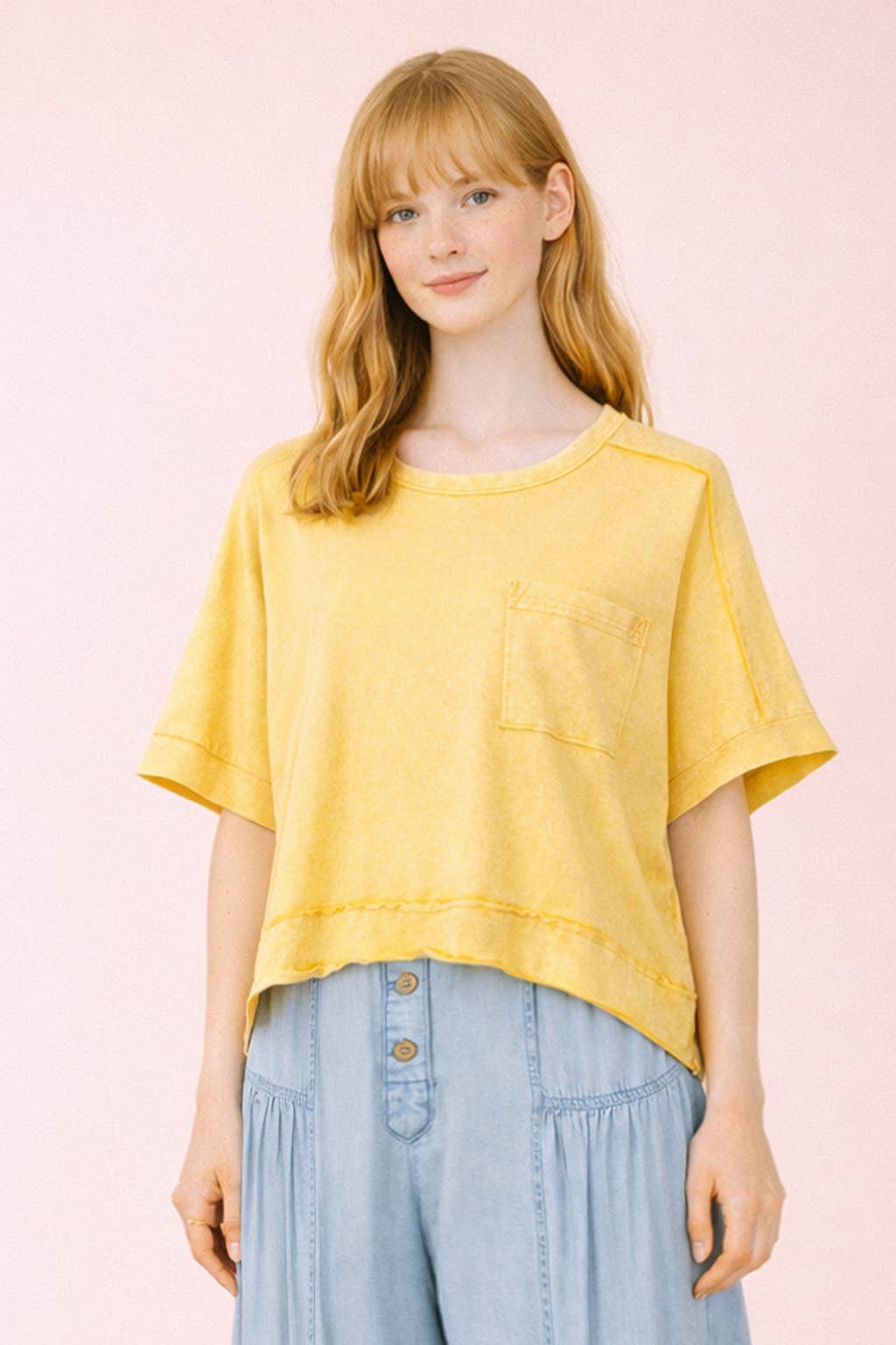 NT11429-Mineral Washed Oversized Crop Comfy Knit Top: YELLOW