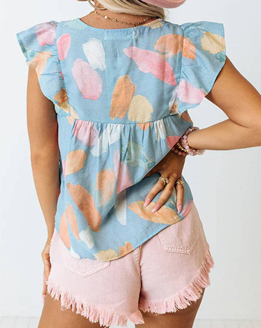 Abstract Ruffle Cap Sleeve Top: Sky Blue