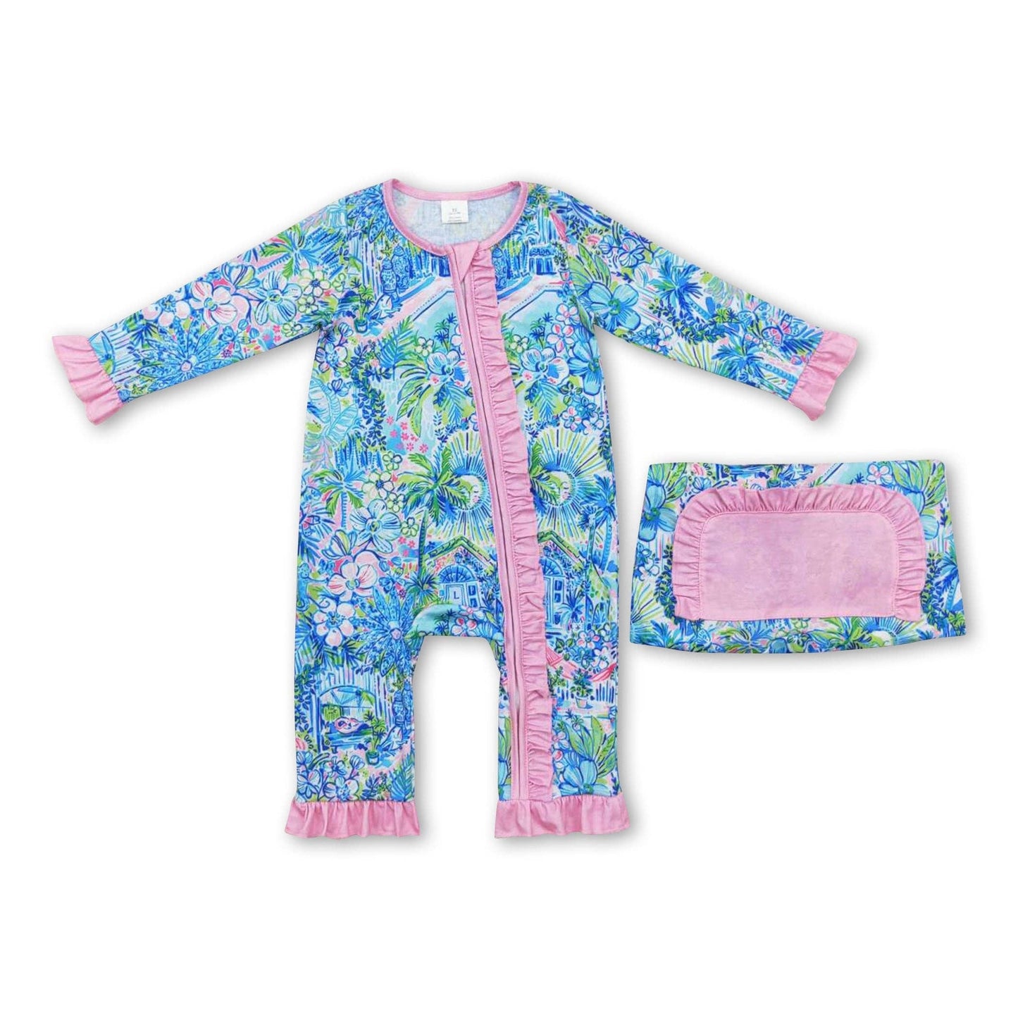 Pink ruffle watercolor blue floral baby girls zipper romper: Romper