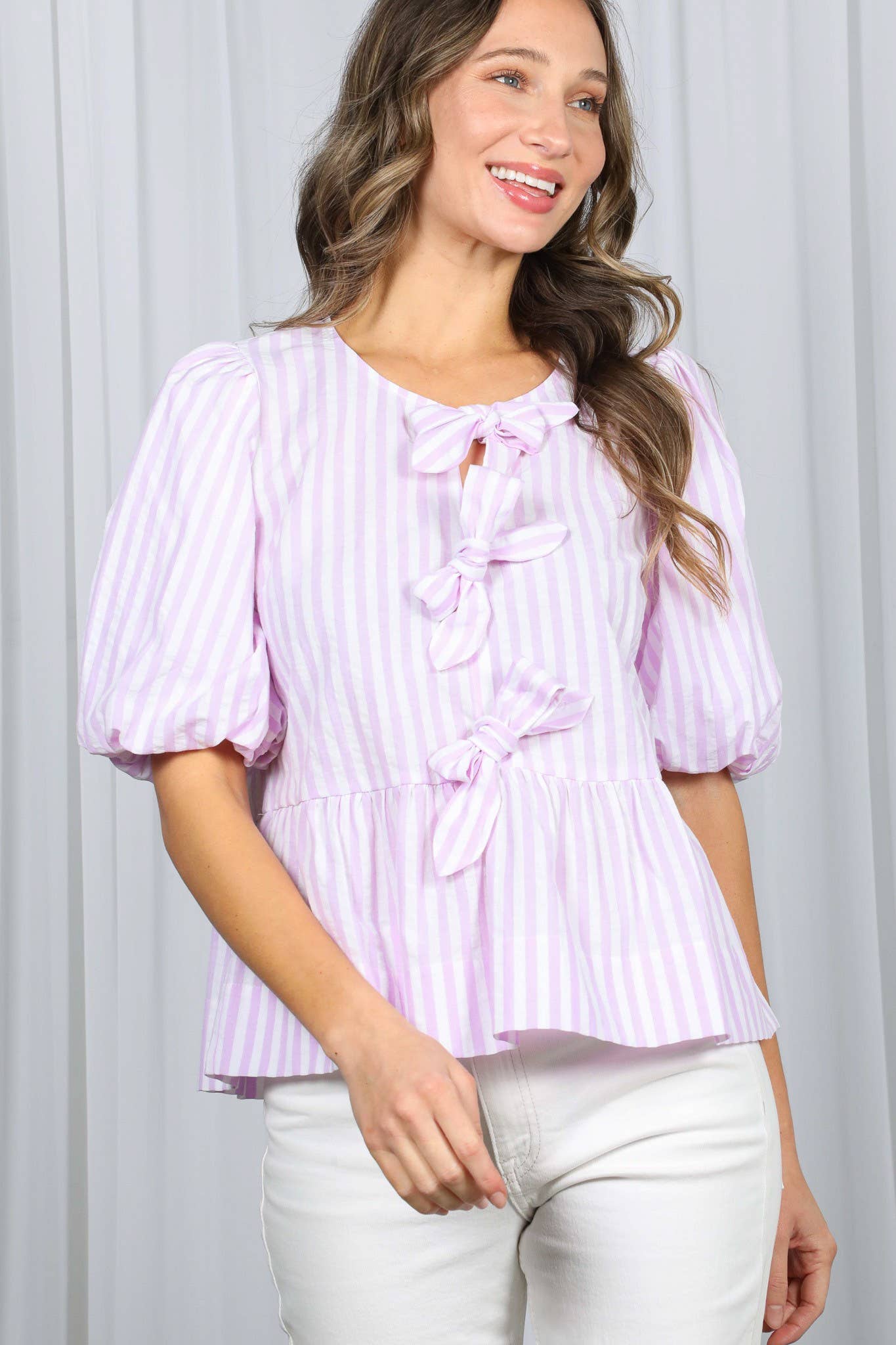 1/3 Open Tie Front Striped Puff Sleeve Blouse Top VT82682: Blue