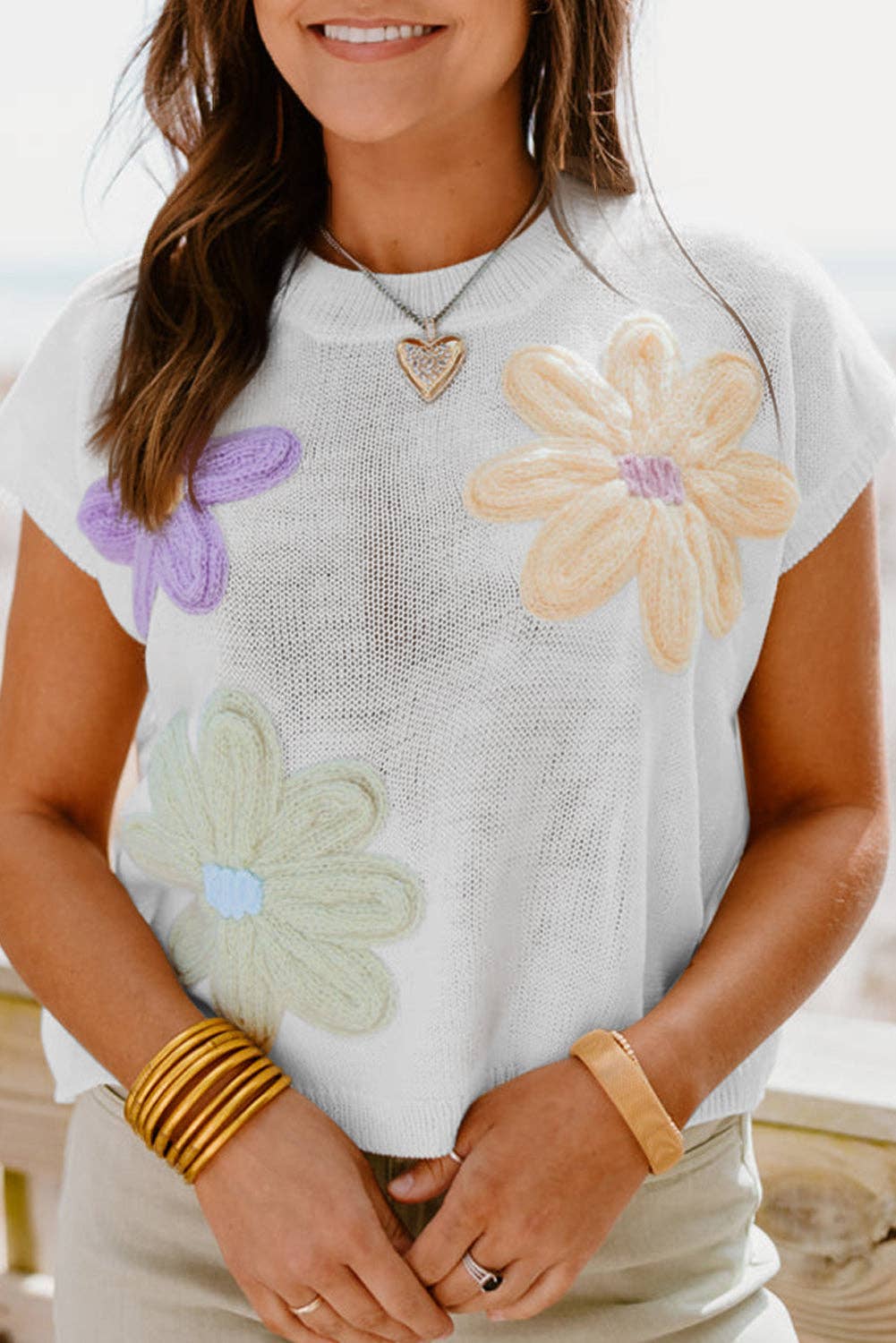 Floral Short Sleeve Sweater Top: White