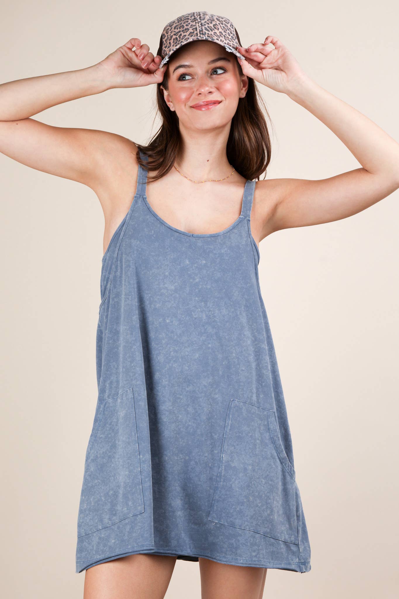 ND31251-Mineral Washed Knit Mini Dress with Shorts Inside : GREEN / S-M-L
