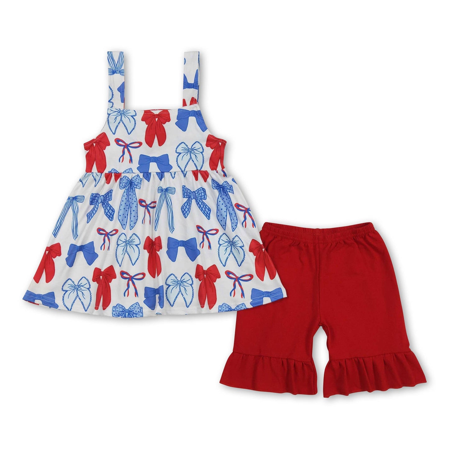 Straps red blue bow baby girls 4th of july romper: Romper