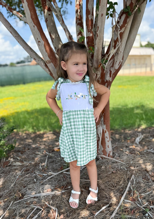 Green plaid straps duck baby girls summer romper