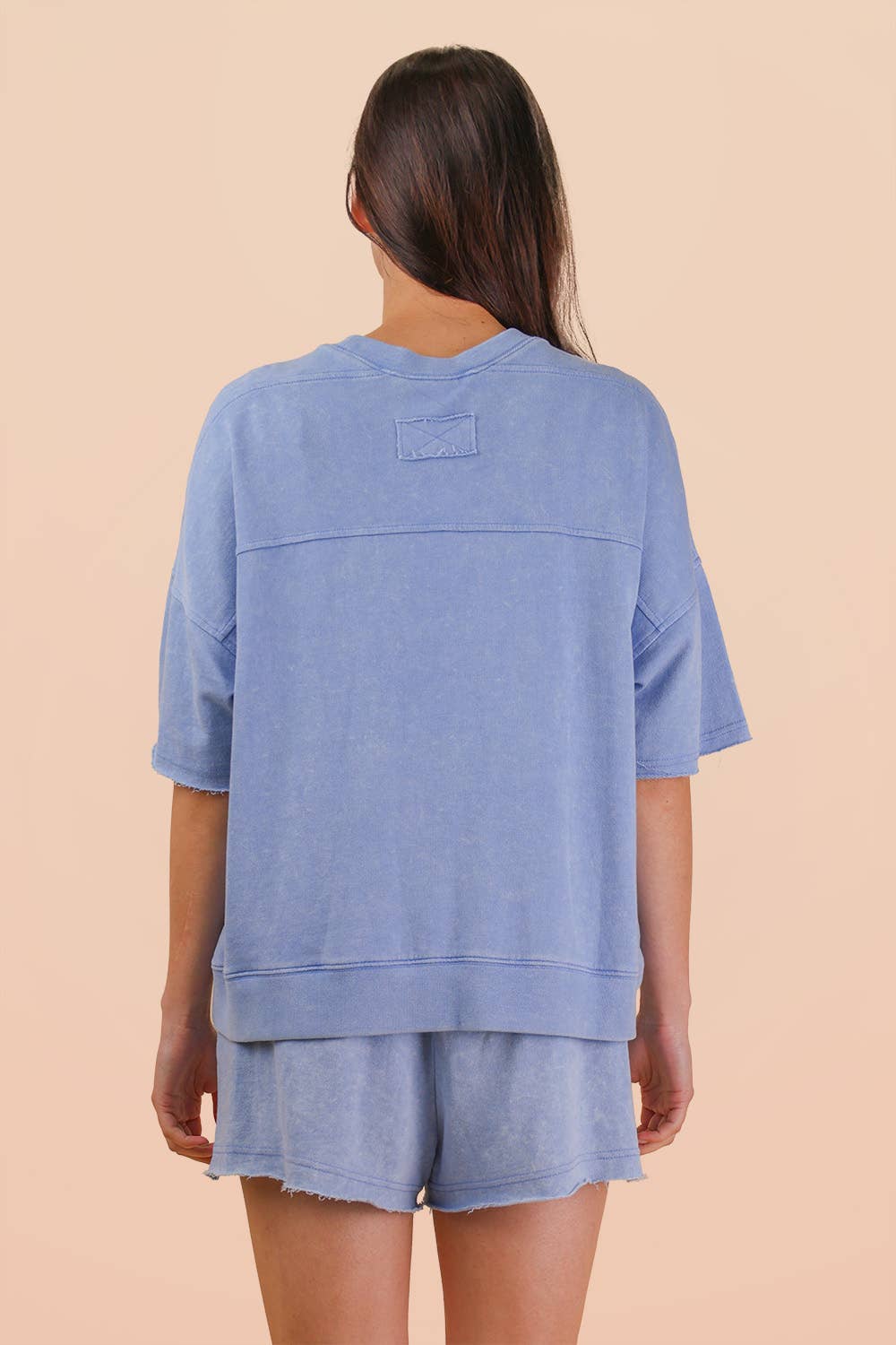 Mineral Washed Knit Casual Top & Shorts: CORAL