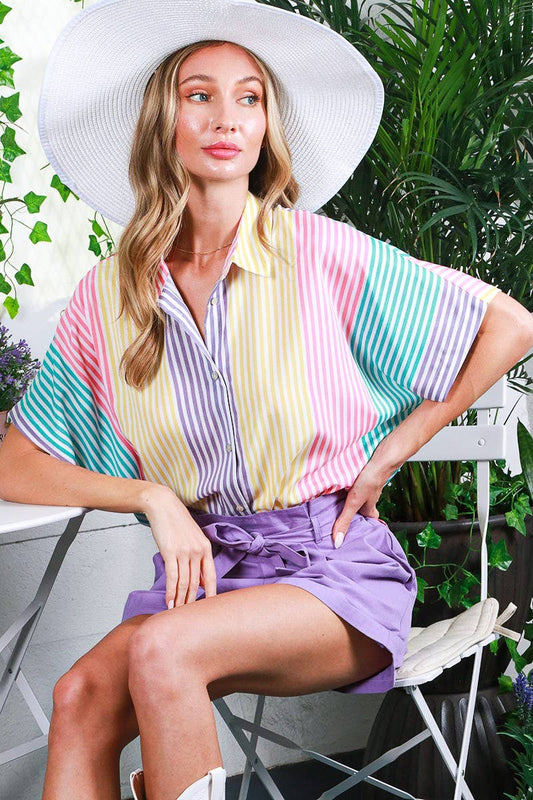 Collared Neck Short-Sleeve Multi-Striped Blouse Top VT81625A