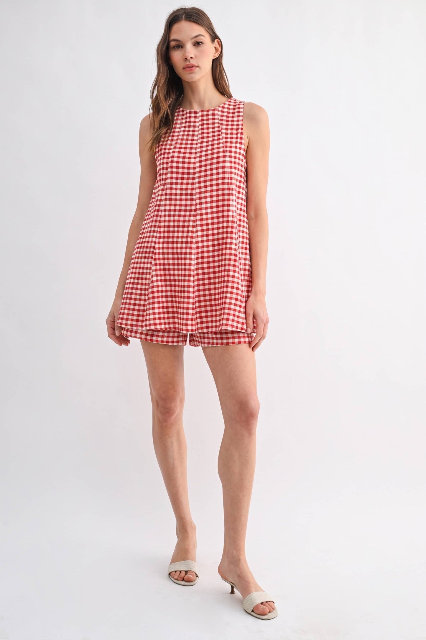 Gingham Sleeveless Baby doll Romper - RED
