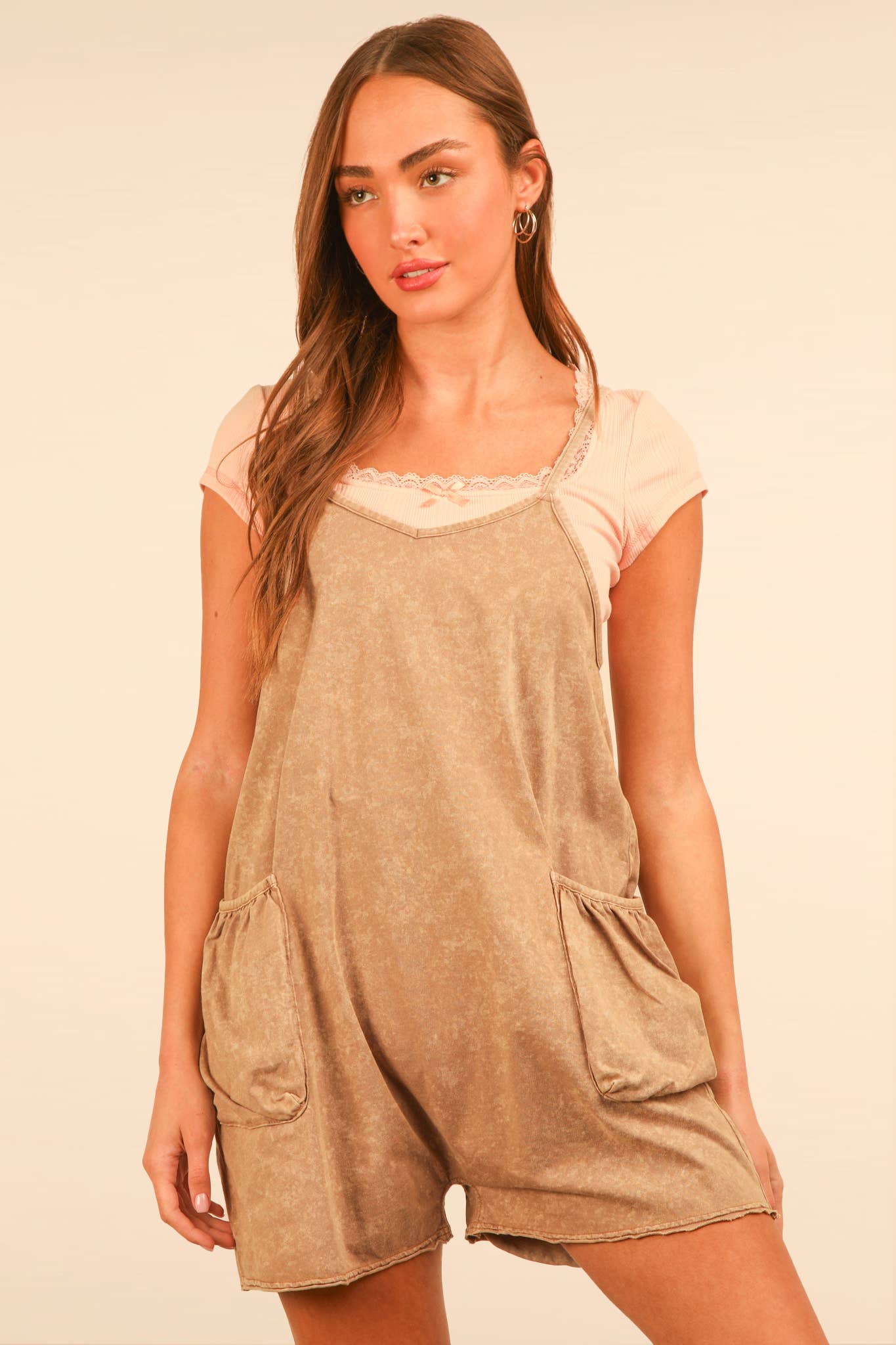 NP70359-Mineral Washed Sleeveless Casual Knit Romper: SUNSET