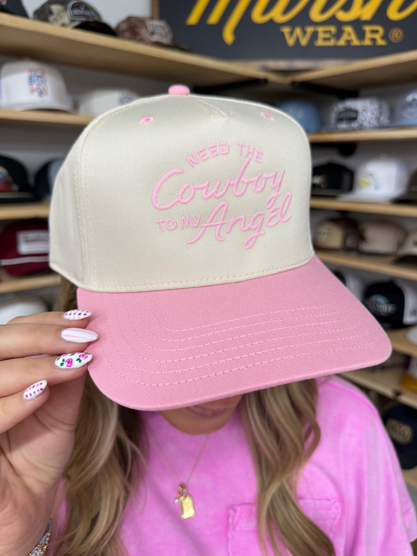 Cowboy To My Angel Trucker Hat: Retro Pink/Natural