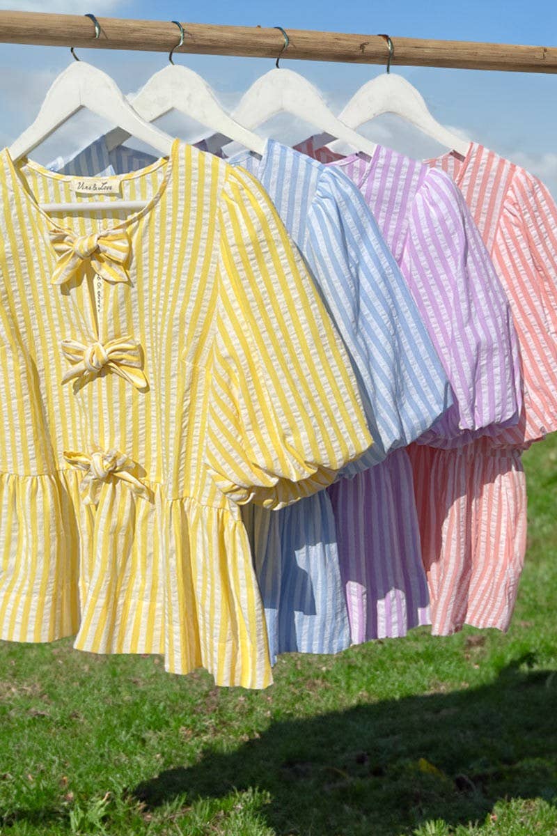 1/3 Open Tie Front Striped Puff Sleeve Blouse Top VT82682: Blue