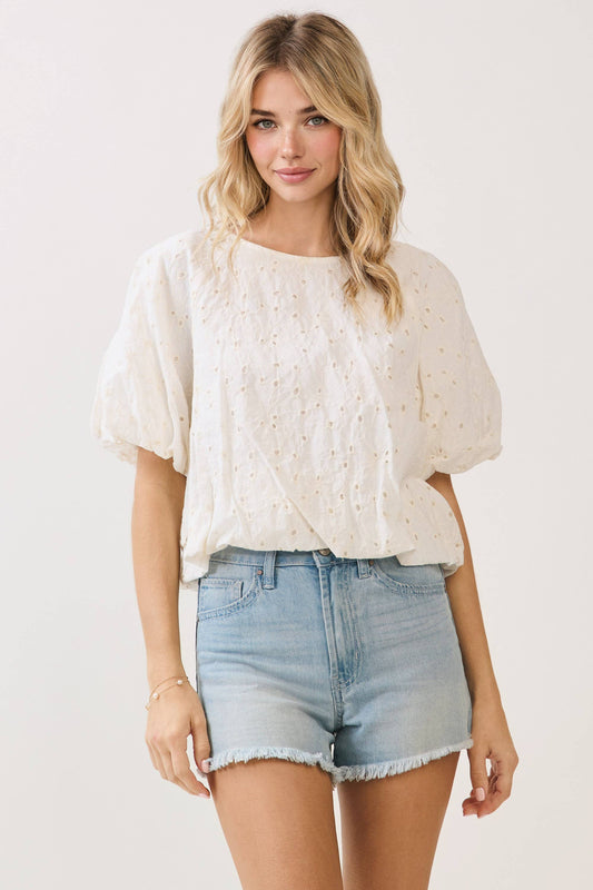 Embroidered Eyelet Bubble Sleeves Blouse: CREAM
