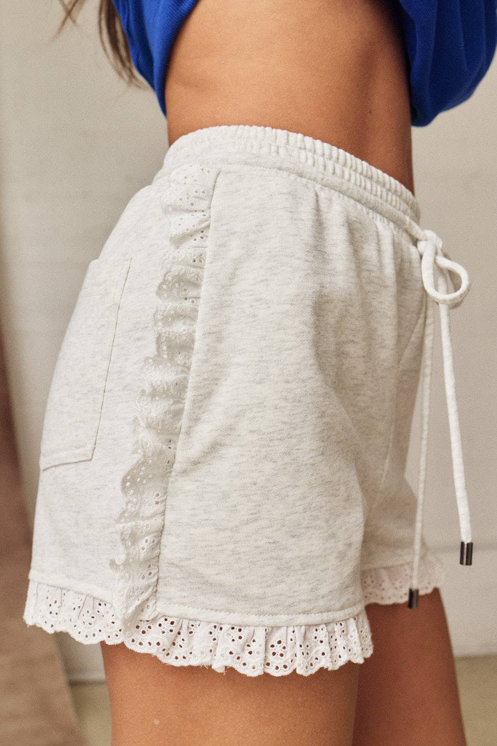 Eyelet Trim Drawstring Shorts : WHITE MELANGE