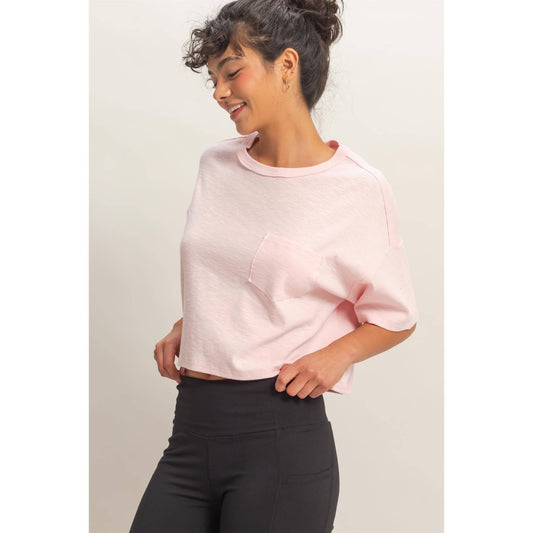 Boxy Crew Neck Top With Pocket: SOFT PINK