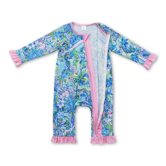 Pink ruffle watercolor blue floral baby girls zipper romper: Romper