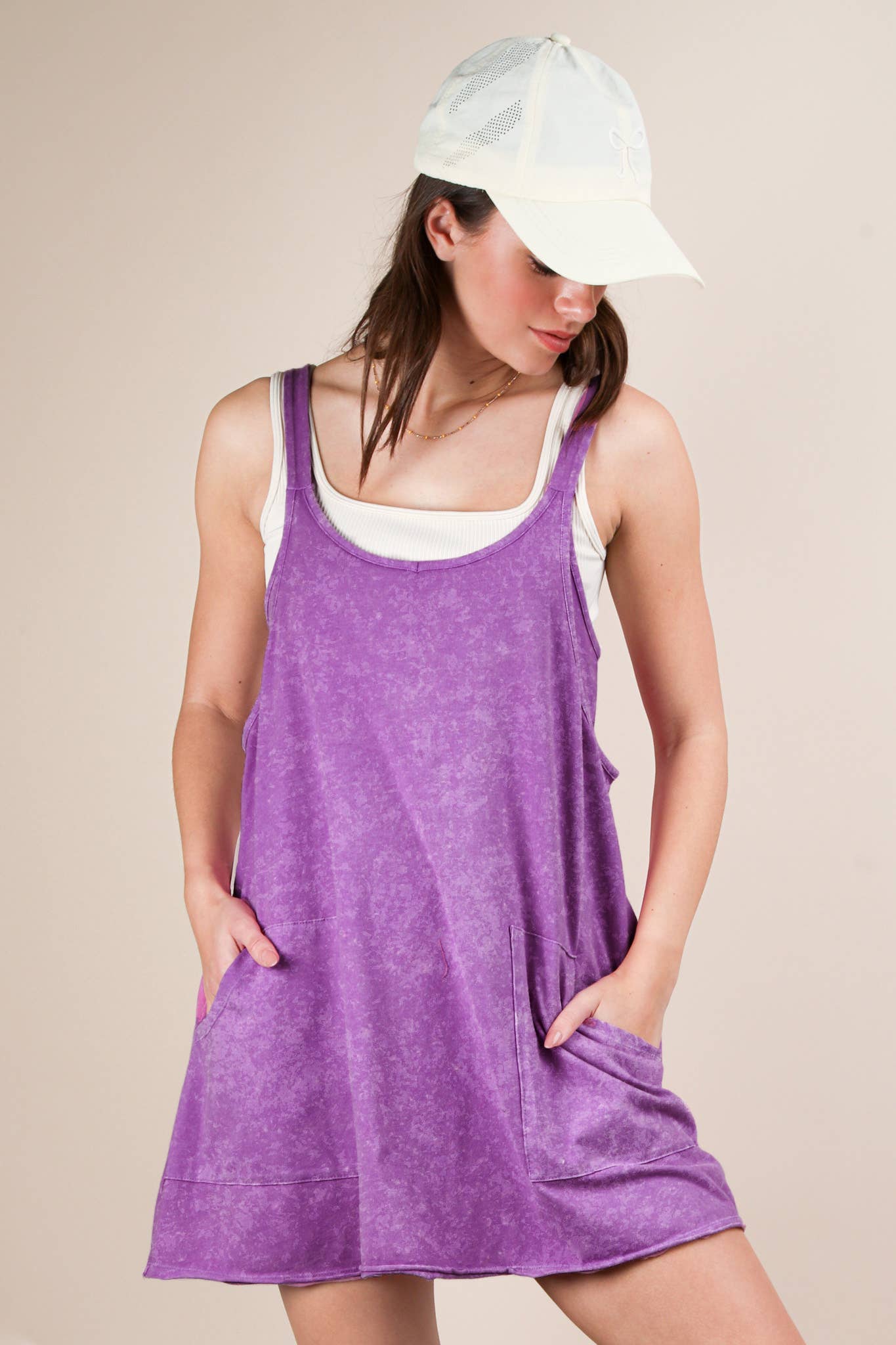 ND31251-Mineral Washed Knit Mini Dress with Shorts Inside : GREEN / S-M-L