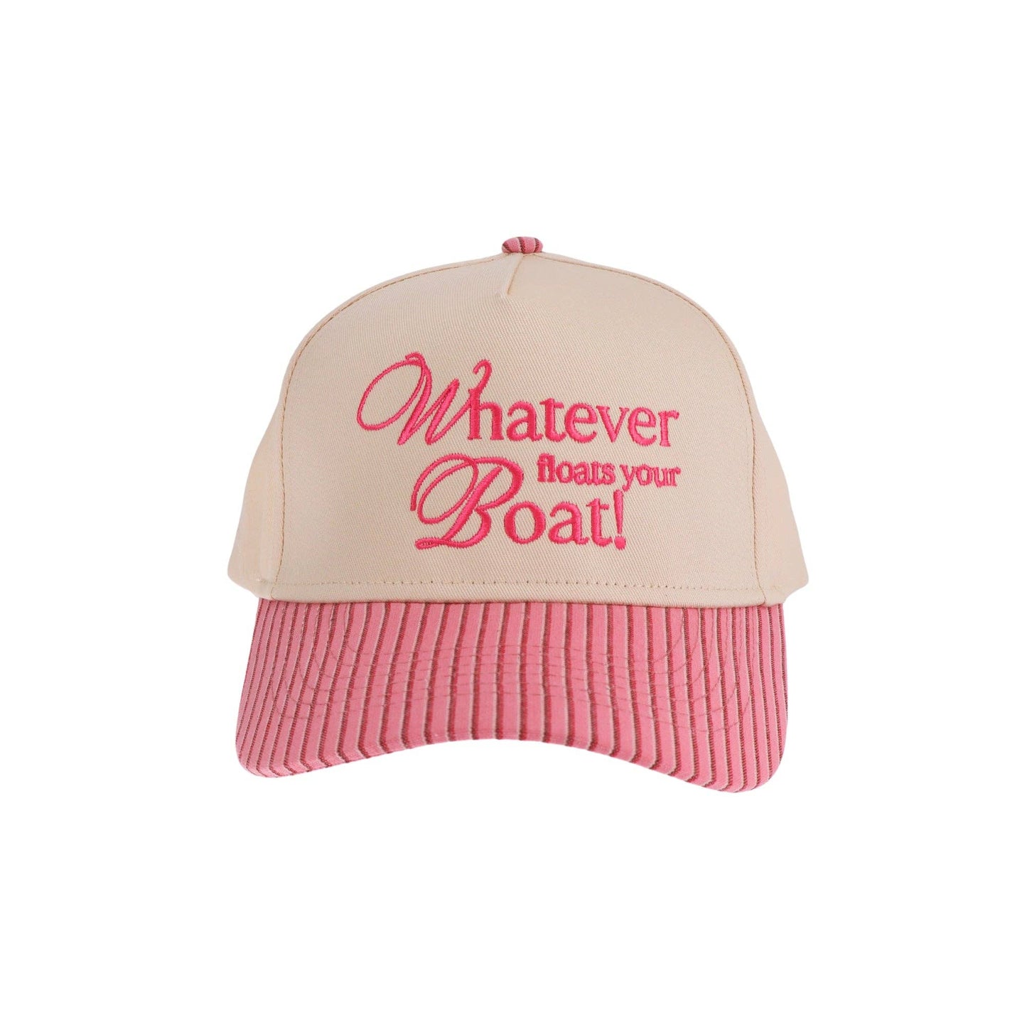 Whatever Floats Your Boat Embroidered Trucker Hat: Pink Stripe/Mint