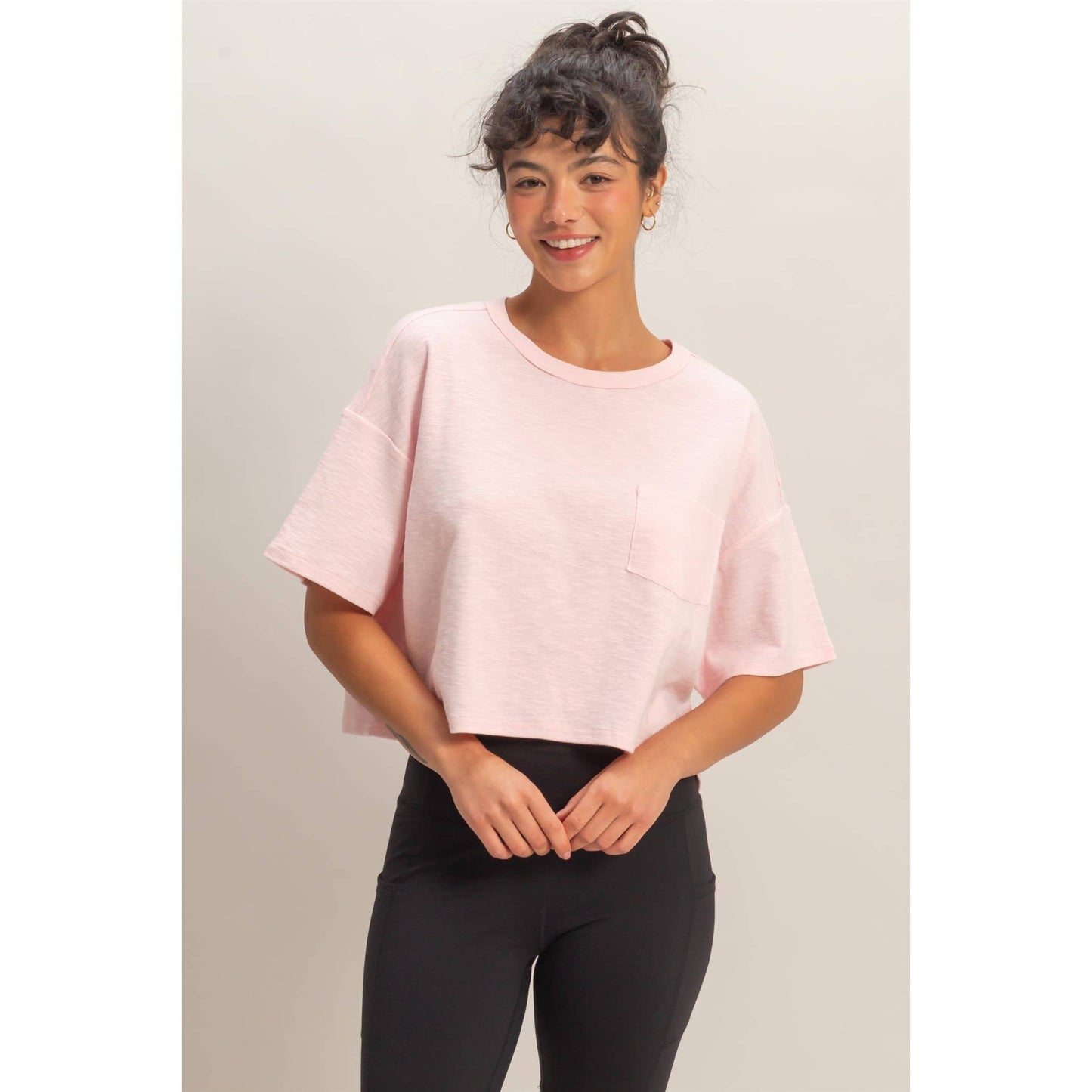 Boxy Crew Neck Top With Pocket: SOFT PINK