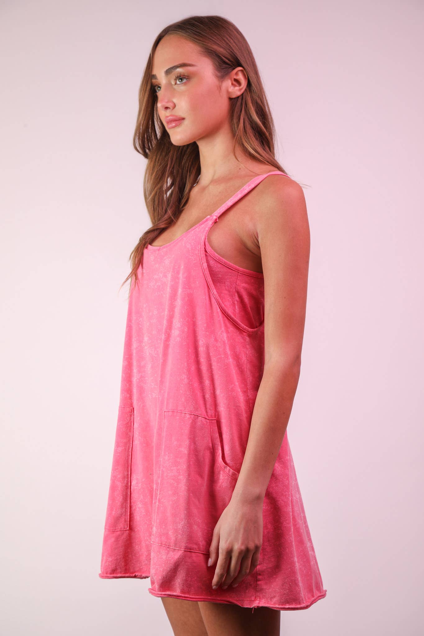 Mineral Washed Knit Mini Dress with Shorts Inside : HOT PINK