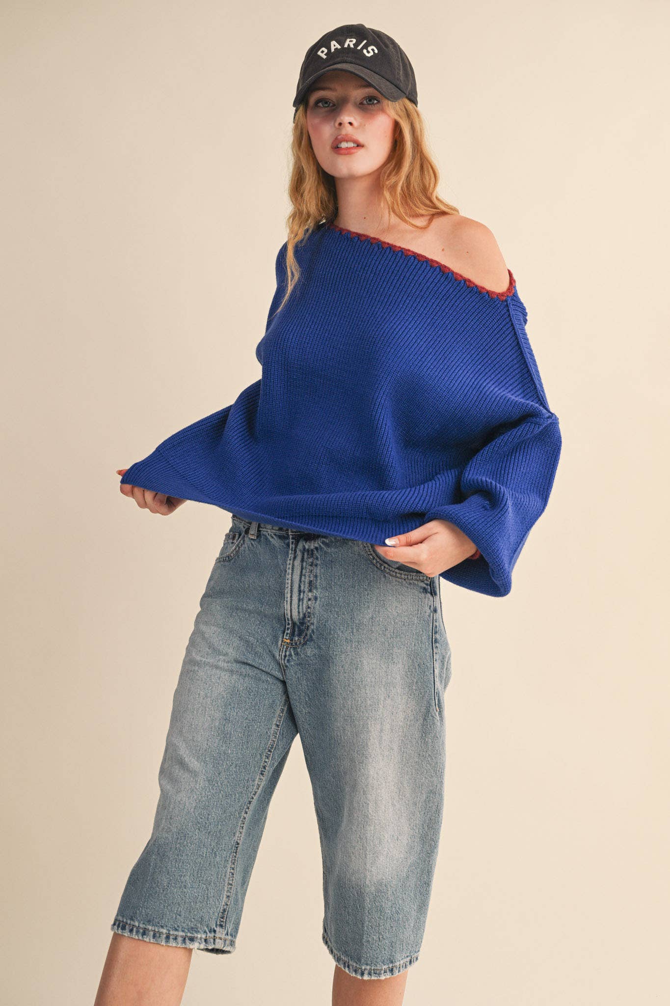 BOAT NECK TRIANGLE STITCH PUFF SLEEVE SWEATER MSW11245: MINT BURGUNDY