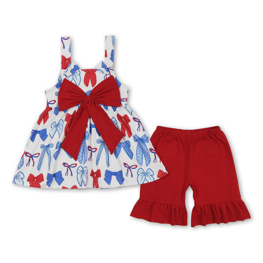 Straps red blue bow baby girls 4th of july romper: Romper