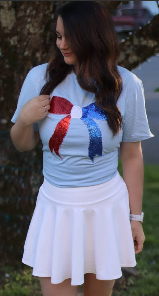 Real Sequins Bow USA Patriotic 4th of July Short Sleeve