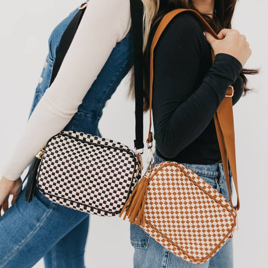 Woven Willow Camera Crossbody Bag: Checkered Navy
