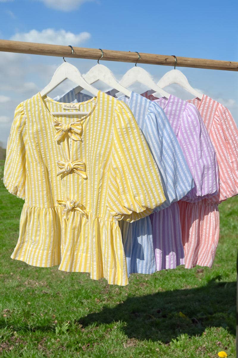 1/3 Open Tie Front Striped Puff Sleeve Blouse Top VT82682: Blue